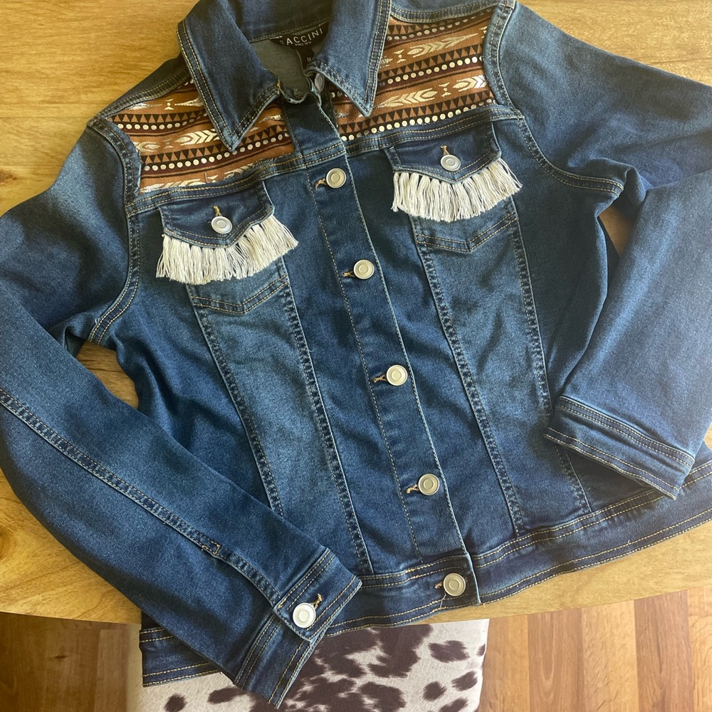 Denim Jacket with Fringe and Patterned Accents